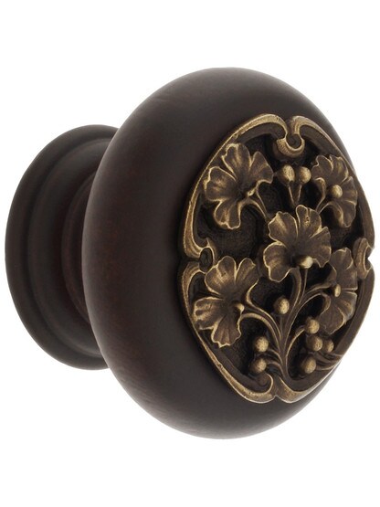 1 1/2 inch Diameter Ginkgo Knobs in Dark Walnut/Antique Brass.